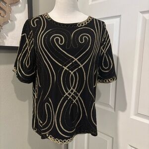 Once Again Soutache Embroidered Rope Hobo Black Gold Blouse Top Sz XL Vintage
